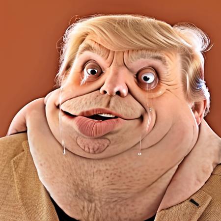 RAW photo, huge chins, small eyes , solo, upper body of donald trump in f0r3v3r face, ((tears, wearing suit))<lora:f0r3v3r-v2-000055:0.9>, 8k uhd, dslr, high quality, film grain, Fujifilm XT3, simple background