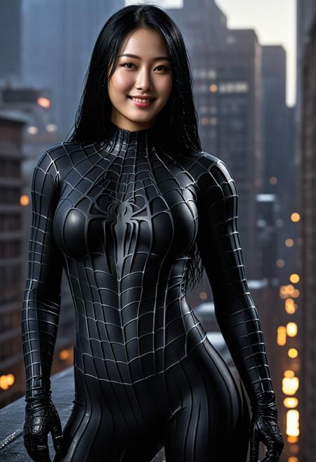 score_9, score_8_up, score_7_up, best quality, realistic, masterpiece, beautiful detail, hyperrealistic, night, ((1girl, woman body, big breasts)), amazing detailed full body portrait of a sexy korean girl, wearing a realistic and highly detailed black raimi spider-man suit, ((huge muscular girl)), professional model wears ultra - detailed black raimi spider - man suit, ultra - detailed and grained black raimi spiderman suit, suit covered entire body and hand, black spiderman gloves, wet, (black hair, smile), (full body), (dirty skin), octane render, highly detailed, volumetric, dramatic lighting, (highest quality:1.1), (HDR:1.3), (top quality, best quality), realistic, high definition,
