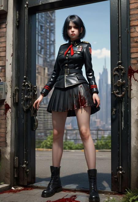 <lora:md2034:0.5> triggering, blood splatter, dystopian
poster_\(medium\),  Intense looking but cute, adorable, and attractive gothgirl, wearing an old looking black militaristic uniform, her skirt lifts as she kicks a metal door, the metal door bends where it was kicked,   with an expansive cityscape in the far distant background, ((above her is an 'it's a glorious future' type emblem)),  (simple_background:1.3), symmetry,(no_humans:1.3),, (masterpiece:1.3), (best_quality:1.3), (ultra_detailed:1.3), 8k, extremely_clear, realism, (ultrarealistic:1.3),, insane details, intricate details, hyperdetailed, ultra detailed, extreme detailed, highest detailed, high_detail, epic, attention getting, hdr, photorealistic, highres, ultra_high_res, photography, aesthetic, extremely_delicate, ng_deepnegative_v1_75t, Ellis-RealismBoost, epiCRealism