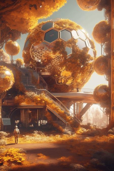 <lora:Filip Hodas Style:1>Filip Hodas Style - Image solarpunk and cyberpunk collide. by Filip hodas. a future society that has based their architecture on the natural world and patterns like leaf shapes and honeycombs.