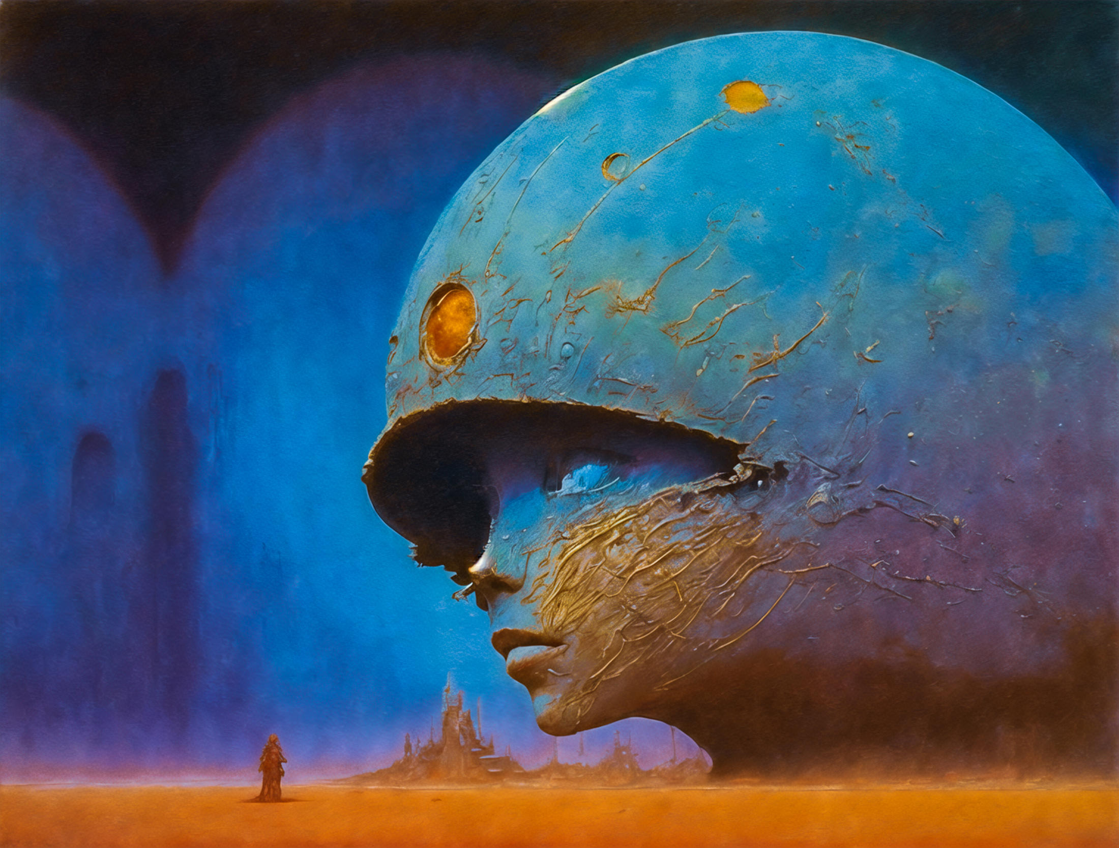 A person standing in front of a large sculpture, including a blue head and a spacecraft.