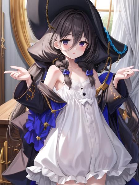 Whydah,black hair, long hair,black tricorn hat,low twintails, petite, flat chest, white dress, black jacket, 