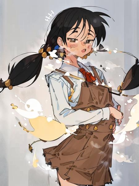 <lora:zlix0n-20:1>kaai yuki, black hair, brown eyes, low twintails, pinafore dress, red dress, blush stickers, standing, masterpiece, best quality