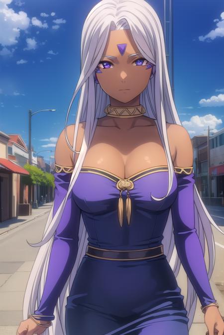 goddessurd, <lora:goddess urd s2-lora-nochekaiser:1>, 
goddess urd, long hair, (purple eyes:1.1), white hair, dark skin, dark-skinned female, facial mark, forehead mark,
BREAK cleavage, bare shoulders, jewelry, choker, off shoulder, bracelet, dress, purple dress,
BREAK outdoor, city, sky, sun, clouds,
BREAK looking at viewer, (cowboy shot:1.5),
BREAK <lyco:GoodHands-beta2:1>, (masterpiece:1.2), best quality, high resolution, unity 8k wallpaper, (illustration:0.8), (beautiful detailed eyes:1.6), extremely detailed face, perfect lighting, extremely detailed CG, (perfect hands, perfect anatomy),