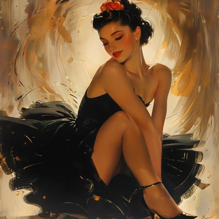 score_9, score_8_up, score_7_up, style of Rolf Armstrong, solo, 1girl, tall girl, slim figure, black cocktail dress, tight dress, small dress, medium breast, heels, black hair, hair bun, eyes closed, sitting, looking at viewer, sultry expression, masterpiece, detailed,