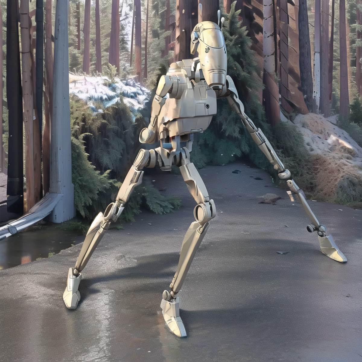 non-humanoid battle-droid B1 battle droid, B1 running, solo, action, no humans, robot, mecha, face facing viewer, forest b...