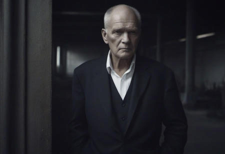 tyson_dayley <lora:tyson_dayley-08:0.75> , urban gritty location, posing in an industrial setting with steel beams,  old man, natural lighting, dramatic directional lighting, bold confident mood, black and white Peter Lindbergh photography