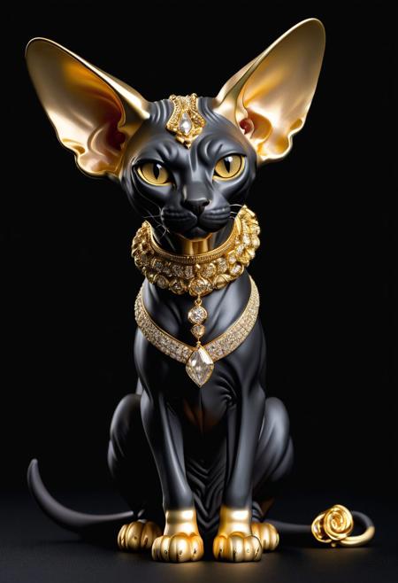 A cartoonesque gold plated sphynx cat, sitting, full body shot, full solid black background