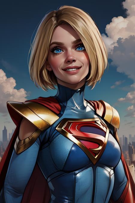 kara, short blonde hair,  blue eyes, 
blue body suit, S (symbol\), red cape,  red gloves, 
standing, upper body, smile,  solo,
morning, metropolis city,   cloudy sky,  
 (insanely detailed, beautiful detailed face, masterpiece, best quality), <lora:Supergirl:0.7>