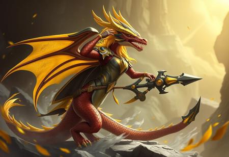 "Create a high-definition, lifelike image of a Dragoness, the Wicked Knight, set against a Machine Duplication background. Incorporate a saluting cyclops and yellow magic theme. Depict the character in a serpentine pose, with a booster and mono-yellow accents. The image should be polished, suitable for an app icon or official store photo. Lighting and details should follow the golden ratio, aiming for a marvelous, intricate result, featured on ArtStation."