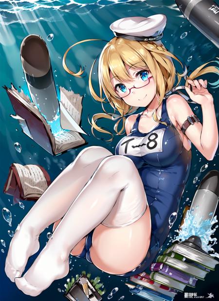 (masterpiece), (best quality), (ultra-detailed), photorealistic, (best illustration), (an extremely delicate and beautiful), 1girl, (hachi:1.1),  solo, full body, finely detailed iris, one-piece swimsuit, white thighhighs, (white headwear), (glasses), smile, <lora:hachi_nai_2:1:INS_MIDD> underwater, sunlight, diffraction spikes, ahoge, large breasts, hair ribbon, white ribbon, low twintails, long hair, armband, name tag, thighs, (torpedo), school swimsuit, blue eyes, torpedo emerging from (open book)