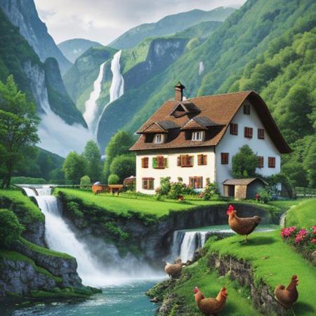 farm with hen and house in the country of Switzerland with waterfall background