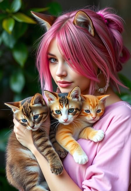 realistic photo of a beautiful pink haired catgirl, (caucasian woman:1.2), holding cute colorful cats