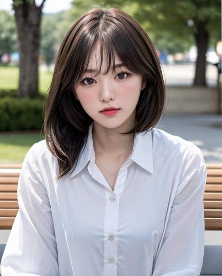 pureerosface_v1, best quality, photorealistic, 8k, high res, full color, 1girl, woman, 20 years old woman, (closed mouth:1.73), (skindentation), (portrait:0.6), trees, park bench, daylight, ((park background:1.52)), full color, ((whitebuttonedshirt:1.58)), looking at viewer:1.8, (1girl eyes looking at viewer:1.55), (medium hair, brownhair, partedbangs:1.45), (bokeh), <lora:AAW-wendy2:0.69>