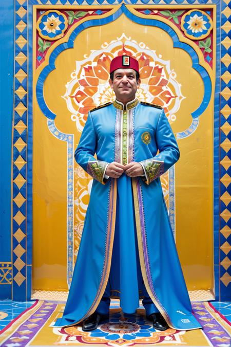 creative pose, vibrant colors, Moroccan style background, portrait,close up of a (Abdel Fattah el-Sisi:1.1) , he is dressed in Cosplay costume, his Cosplay costume is tailored by Gianni Versace, shallow depth of field, Tranquil, Selective focus, <lora:Hassan_Hjjaj_Style:0.8> the hassan hjjaj style