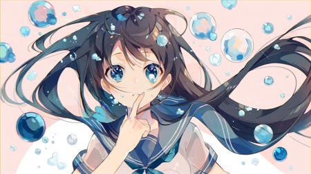 high quality, best quality, by omutatsu, 1girl, solo, blue eyes, long hair, bubble, looking at viewer, school uniform, ok sign, parted lips, sailor collar, serafuku, black hair, floating hair, blue sailor collar, bangs, air bubble, <lora:omutatsu:1>