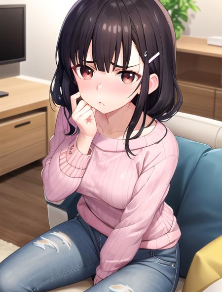 best quality, masterpiece, highres, detailed, digital artwork, <lora:Detail - add_detail:0.2>, IridoYume, black hair, brown eyes, hair clip, pink sweater, jeans, shorts, pout, upset, pouty lips, puffed cheeks, living room,  <lora:Character - IridoYume:0.8>