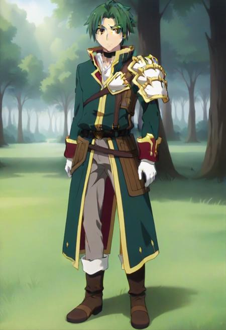 Theo Cornaro green hair orange eyes choker, long green coat, closed coat, left arm armor, gold and white left arm armor, white glove, belt, grey pants, brown straps, brown knee boots