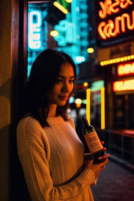 In a low-key style with the grainy texture of expired film, the photo offers a close-up view from above of a photo-realistic close-up medium shot of a beautiful girl's figure standing tall, depicted in full body, gently cradling a perfumed bottle. The attention to detail captures every nuance of the subject's features and attire, creating a lifelike representation that almost breathes with realism. Against the backdrop of vibrant, full-color, saturated neon city lights, the scene comes alive with a plethora of hues and tones, infusing warmth and urban energy. The subject's expression exudes a sense of calm amidst the bustling cityscape. Bathed in the dim neon-colored light of a blacked-out large window showcasing the city's glowing neon signs, the scene is a captivating mix of dramatic shadows, heightened by a subtle rim light tracing along her silhouette, and accentuated by a soft hair light adding dimension and allure to her hair strands.