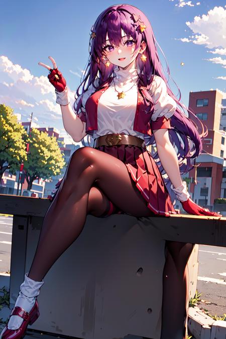 (masterpiece, top quality, best quality, official art, beautiful and aesthetic:1.2), (1girl:1.3), (fractal art:1.3), 
solo, athena97,
sitting,crossed legs, beautiful legs, 
purple eyes, purple hair, long hair, earrings, red hairband, star hair ornament, red shoes, (white socks:1.3), 
 medium breats, (red open vest:1.1), white turtleneck, white puffy sleeves, short sleeves, red pleated skirt, (deep red pantyhose:1.3),( yellow belt:1.1),(puple spherical necklace:1.3), red fingerless gloves,
(outdoors),   <lora:Athena97extra:0.8>