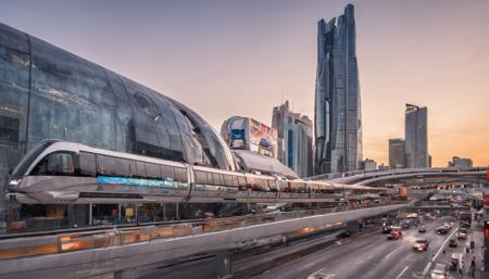 architecture photography,street in futuristic city,glass skyscrapers,pedestrians,monorail,advertisements,sunset,detailed,train station,cinematic lighting,architecture photography,