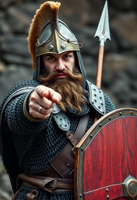 A Photo a medieval brutal man with beard in a helmet and chainmail armor, pointing towards while holding a spear and shield.
Medieval style, random background