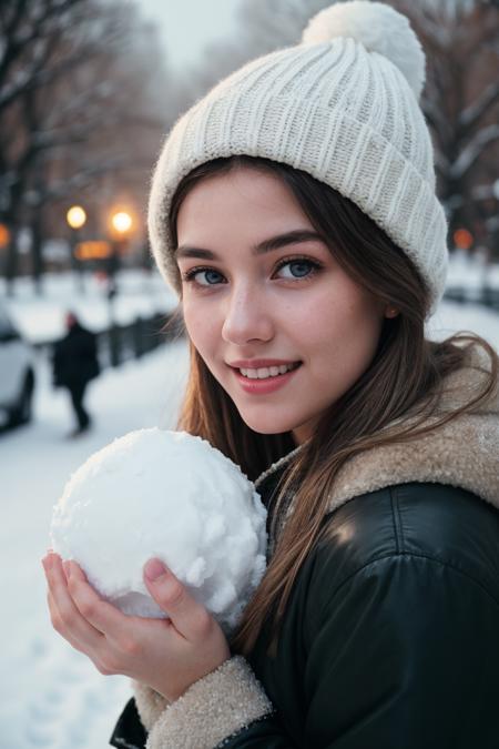 analog photo, award winning portrait of 20yo blonde american girl, beautiful, big smile, blue eyes, pale skin, holding a big snowball, blush on cheeks, winter, snow in the street, winter coat and hat, dark blonde hair, outside, central park at night, (high detailed skin:1.2),8k uhd,dslr,soft lighting,high quality,film grain, 35mm, (masterpiece:1.2), (intricate details:1.2), cinematic lighting, realism, realistic, RAW photo, 4k, highres, extremely intricate, photorealistic, selective focus, best quality, photo, real, extremely detailed, amazing, fine detail, rich colors, hyperrealistic lifelike texture, dramatic lighting, unrealengine, trending on artstation, cinestill 800 tungsten, high quality, sharp focus,8k uhd, absurdres