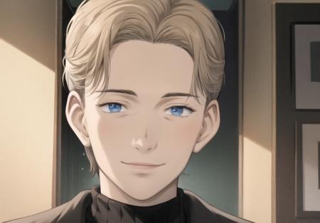 <lyco:Naokianime1-08:0.8> solo, looking at viewer, smile, blonde hair, 1boy, closed mouth, male focus, turtleneck, portrait, dark