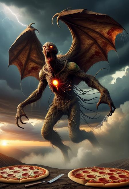 horror picture of monster flying in the sky, with sunset in background, some dark clouds, lightning striking the monster, pizzasdx,pizzasdxl