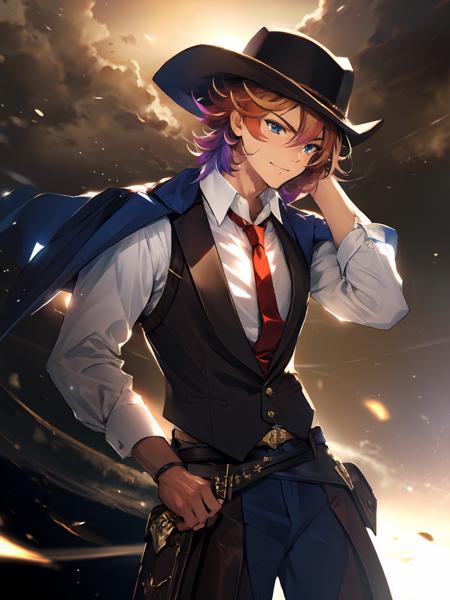 masterpiece,best quality,highres,cinematic lighting,dramatic angle,<lora:ShadowverseMaiser&SelenaV2:0.8>,maiser,1boy, messy hair,orange hair,gradient hair,multicolored hair,blue eyes,vest,jacket,necktie,white shirt,leather pants,sheath,smile,dust,hat,cowboy shot