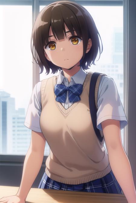 kanatahiga, <lora:kanata higa anime s1-lora-nochekaiser:1>,
kanata higa, short hair, bangs, brown hair, (brown eyes:1.3),
BREAK shirt, bow, school uniform, white shirt, short sleeves, bowtie, blue bow, sweater vest, plaid bow,
BREAK indoors, classroom,
BREAK looking at viewer,
BREAK <lyco:GoodHands-beta2:1>, (masterpiece:1.2), best quality, high resolution, unity 8k wallpaper, (illustration:0.8), (beautiful detailed eyes:1.6), extremely detailed face, perfect lighting, extremely detailed CG, (perfect hands, perfect anatomy),