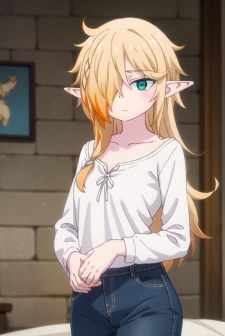 reviewerzel, <lora:reviewer zel female s1-lora-nochekaiser:1>,
zel, long hair, blonde hair, (green eyes:1.3), pointy ears, (hair over one eye:1.5), elf,
BREAK shirt, long sleeves, pants, denim, jeans, (white shirt:1.5), collarbone,
BREAK indoors, bed,
BREAK looking at viewer, (cowboy shot:1.5),
BREAK <lyco:GoodHands-beta2:1>, (masterpiece:1.2), best quality, high resolution, unity 8k wallpaper, (illustration:0.8), (beautiful detailed eyes:1.6), extremely detailed face, perfect lighting, extremely detailed CG, (perfect hands, perfect anatomy),