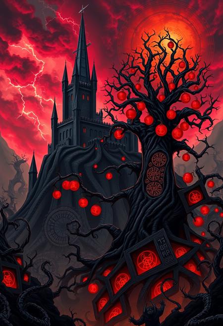A dark, foreboding landscape dominated by an ancient fortress, its spires spiraling upward in a Fibonacci sequence. The fortress is perched on the edge of an abyss, with walls etched in moving fractal patterns, illuminated by flashes of lightning in a stormy, blood-red sky. Surrounding it, a twisted forest of skeletal trees forms golden angle patterns, their branches interlocking ominously.
Amid the chaos, the "Tree of Despair" stands tall, its roots spiraling deep into the ground, with glowing red fruit hanging from its blackened branches. The tree's bark is carved with pulsing runes, guiding the eye along a Fibonacci spiral. The sky churns with circular clouds, reflecting sacred geometry, while monstrous creatures lurk in the shadows, their forms distorted yet symmetrical, embodying fractal geometry.
This dark, high fantasy scene, structured around the golden ratio, creates an atmosphere of dread and mathematical precision, drawing the viewer’s eye through its eerie, dynamic composition.