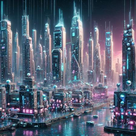 Pearlum,
8k, score_9, score_8_up, score_7_up,
masterpiece,realistic,ultra detailed, vibrant colors,photo-realistic,
A cyberpunk cityscape with iridescent pearl-like skyscrapers, glowing neon lights in blue, pink, and purple, holographic billboards, floating drones with pearl sheen, reflective water surfaces, intricate cybernetic details, futuristic and elegant, ultra-detailed, cinematic lighting, pearlescent textures, vibrant, dystopian yet luxurious atmosphere