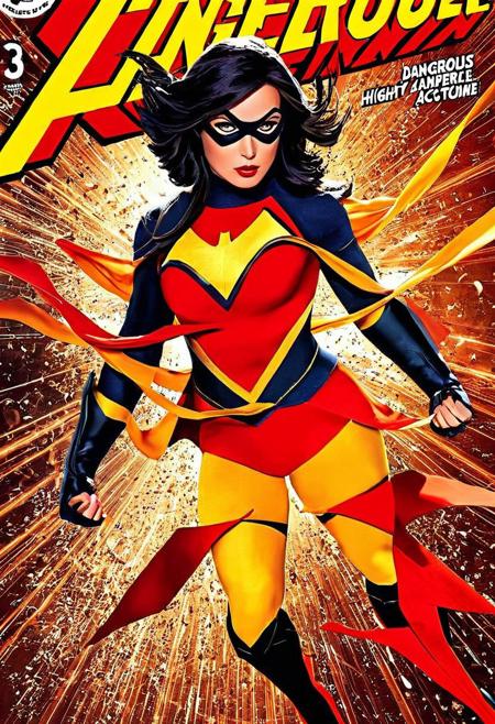 Modern art, 3d, cgi render, Cherie, Random female Superhero costume, Dangerous, Highly Detailed, orange And yellow Tones, action, cover, logo