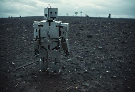 Capture the eerie beauty of decay in this dystopian landscape photograph of a bot2 quadbot2s Standing in a row on the surface of a small Planet, visible from above, the Bots towering in the Planets surface and overwatch every piece of land, its reflective silver surface weathered and scratched. reveal the intricate details of exposed circuitry, tangled wires, and precious metals peeking through torn patches in the metallic skin. As the bot's surface reflects the ominous mushroom cloud of a nuclear explosion, convey the haunting juxtaposition of advanced technology and impending catastrophe. 
deep blacks, vintage, atmospheric haze, creating a hyperpunk scene with desaturated dark red and blue details, colorful (polaroid:0.7) with vibrant colors, (vacations, high resolution:1.3), (small, selective focus, european film:1.2), (sexual advance:1.1), closeup