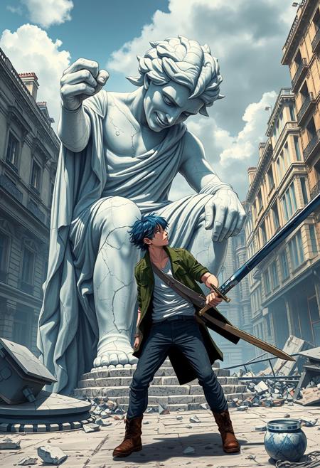 anime style high definition, realistic, good aspect, in a destroyed paris city  a giant 5 meters cracked greek white living  statue crazy smile kneeling looking  down a young man, break  a young man bruises  dusty modern clothes holding a sword in attack pose blue hair with a confident smile staring at the statue