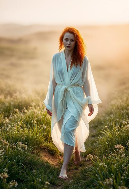 a beautiful freckled green-eyed redhead irish woman with curly hair. She is dressed in a flowing white translucent robe, walking through a field of dew covered grass in dawn's light. Mist flows around her barefooted feet.