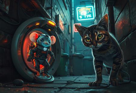 Two tiny mice, dressed in high-tech, advanced spacesuits with glowing visors and futuristic gadgets, are stepping out of a small, sleek alien spacecraft. Their faces are lit with excitement and wonder as they eagerly anticipate meeting Earth's inhabitants. However, they’ve mistakenly landed in a gritty, dimly lit urban alleyway with a few neon signs casting light . The walls are covered in graffiti, and trash bins line the narrow space. Emerging from the shadows, an alley cat with a muscular physique, sleek fur and piercing gold and green eyes is poised to pounce, toward the unsuspecting mice. The scene is illuminated by a flickering streetlight neon and neon signs, casting eerie shadows across the alley., architecture, fashion, poster, 3d render