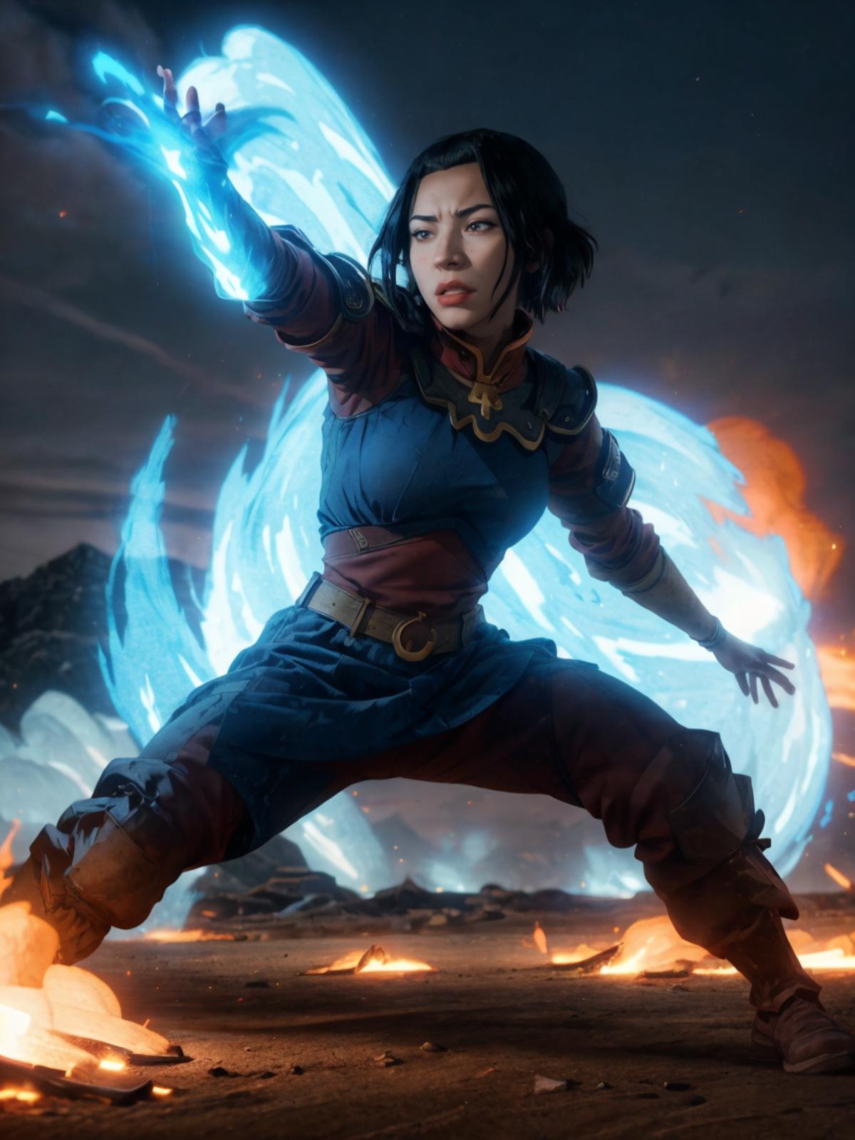 A woman in a blue dress with a blue and white aura and a blue sword is standing in front of a blue flame.