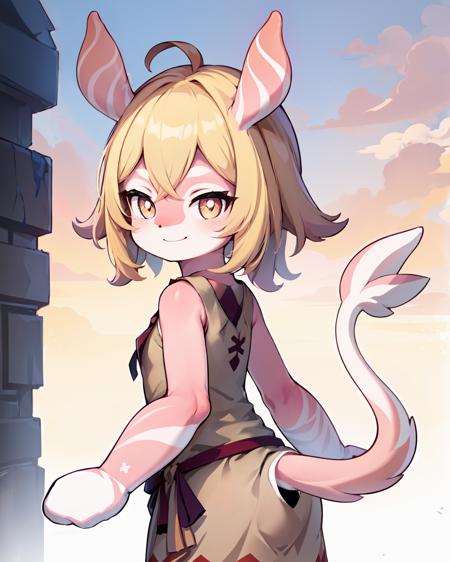 (cowboy shot, upper body), 1girl, melusine, pink skin, blonde hair, short hair, straight ears, thin tail, brown dress, looking at viewer, smile,
<lora:MelusineV3:1>