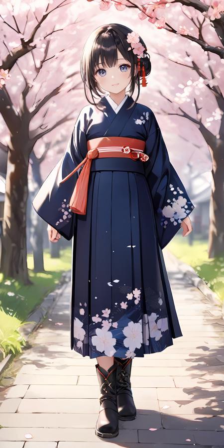 jyojifuku, furisode, hakama, floral print, hair ornament, boots