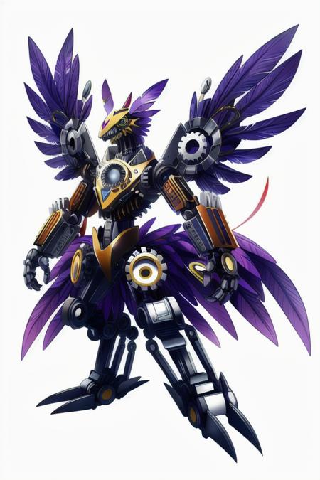 Solo, symmetry, Digimon, digimon \(species\), x-digimon, outline, white background, <lora:DigimonLoraV1:1> (Gigantic Fierce Augmented Raw Feline, Legless Multipedal, Multi-Jointed Appendages, Multi-Tailed Forked-Tailed, Feathers, Pointed Ears, Mechanical Wings made of gears and cogs and clockwork,  Narrow Jaw Dalmatian Print)