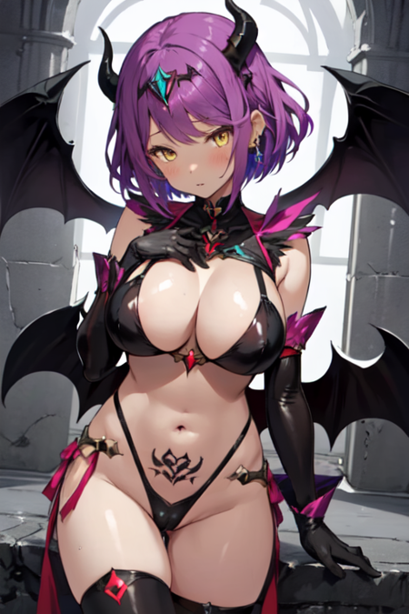 PyraCorrupted, 1girl, solo, short hair, large breasts, thighhighs, gloves, navel, swimsuit, yellow eyes, purple hair, black gloves, elbow gloves, dark skin, dark-skinned female, revealing clothes, demon tail, demon wings, headpiece, pubic tattoo, dark persona, chest jewel, 