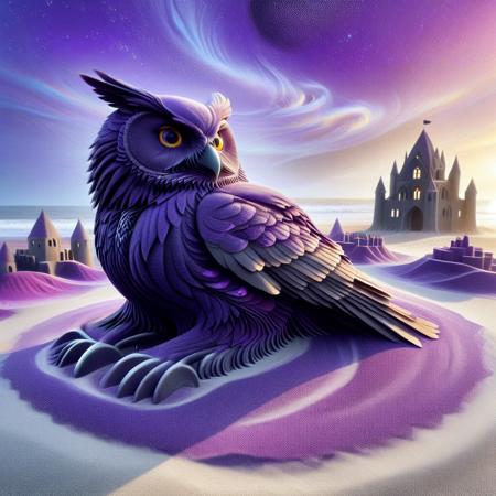 no human, (giant owl over a sand castle:1.5), Geometric Pattern Effect: Repeating shapes (tiles, panels) create structured complexity. Color Spectrum Display: Wide range of hues from cool to warm tones.  Reflective Surface Theme: Smooth, light-catching textures evoke motion and depth. Symmetry and Balance: Central alignment with mirrored visual weight. . lazypos, rp_slgd, a surreal owl composed of  obsidian swirling sand, wings made of floating swirling sand, perched on a crystalline branch under a kaleidoscope swirling sand sky, glowing purple sand,
, vibrant colors, whimsical design, surreal fantasy, high detail, 4k, strong bokeh