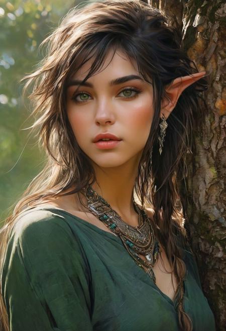 Hyper-realistic digital painting of a beautiful elven girl, 
dark green eyes, 
messy shoulder-length hair, 
pointed ears, 
leaning against a tree, 
finely detailed necklace and bracelets, 
tattoos, 
in a surreal and fantastic setting, 
combining the artistic styles of Jose Royo, 
Boris Vallejo, 
Julie Bell, 
Carne Griffiths, 
and Brian Froud, 
precise anatomy, 
with a centered symmetrical composition, 
volumetric lighting, 
rays, 
vivid colors reflects