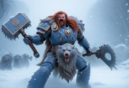 Space wolf, transforming into wolfman, werewolf, wulfen, armour breaking, slashing, turning, slashing, claws, gauntlets breaking, transform, battle, armor breaking, power armor, fur cloak, brown-red hair, beard, braids, mighty, gripping a power axe with a long handle which glows with blue runic energy along the cutting edge, snow, ice, blizzard, battlefield, leaping, glory, charging, fangs bared, swinging axe, high res, claws, fight horde, high def, best quality