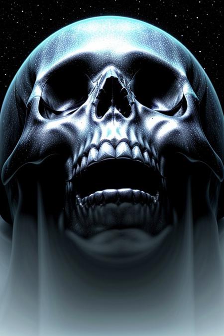 A close-up photorealistic image of a crystallic floating skull facing the viewer with its mouth open, pouring from it's mouth a shimmering liquid resembling the universe onto the ground, filled with rich stars and swirling galaxies. A simple void background enhances the dark atmosphere, shrouded in fog, capturing the hypnotic flow and shimmer of the cosmic liquid, from below view,