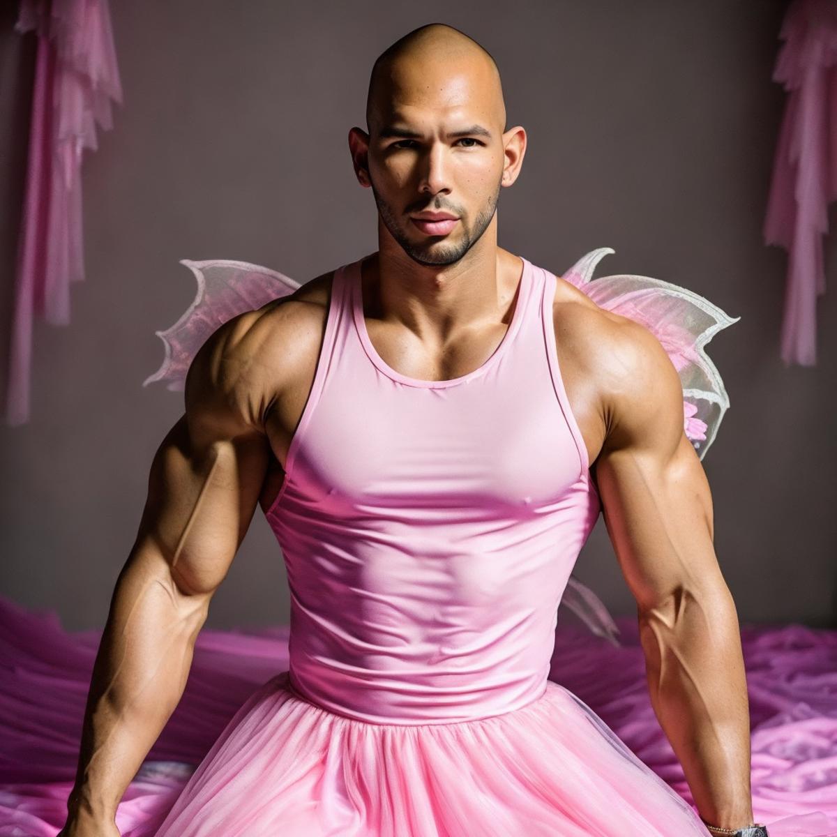 A Muscular Man with Pink Wings and a Pink Dress.