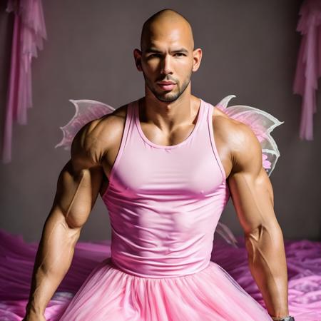 andrew tate,  serious face, wearing a (pink fairy dress:1.2), muscular, 8k uhd, dslr, high quality, film grain,